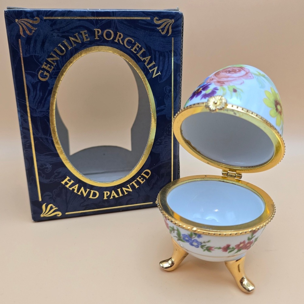 My Treasure Fabulous Egg Hand Painted Porcelain Floral Trinket Box Gold Feet